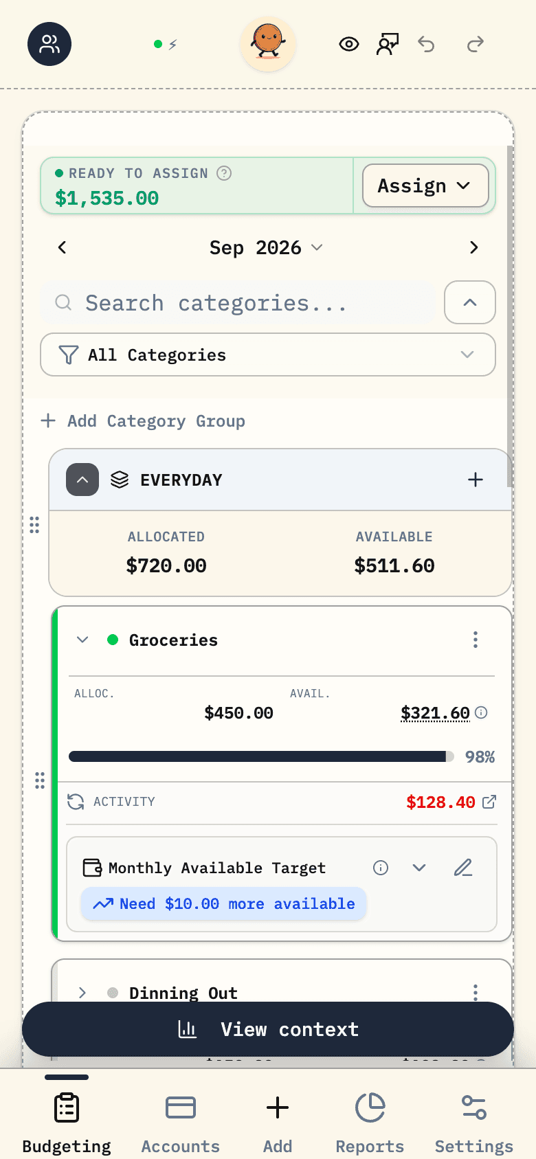 A demo household budget in Budgero, with everyday spending, home bills, and savings goals.