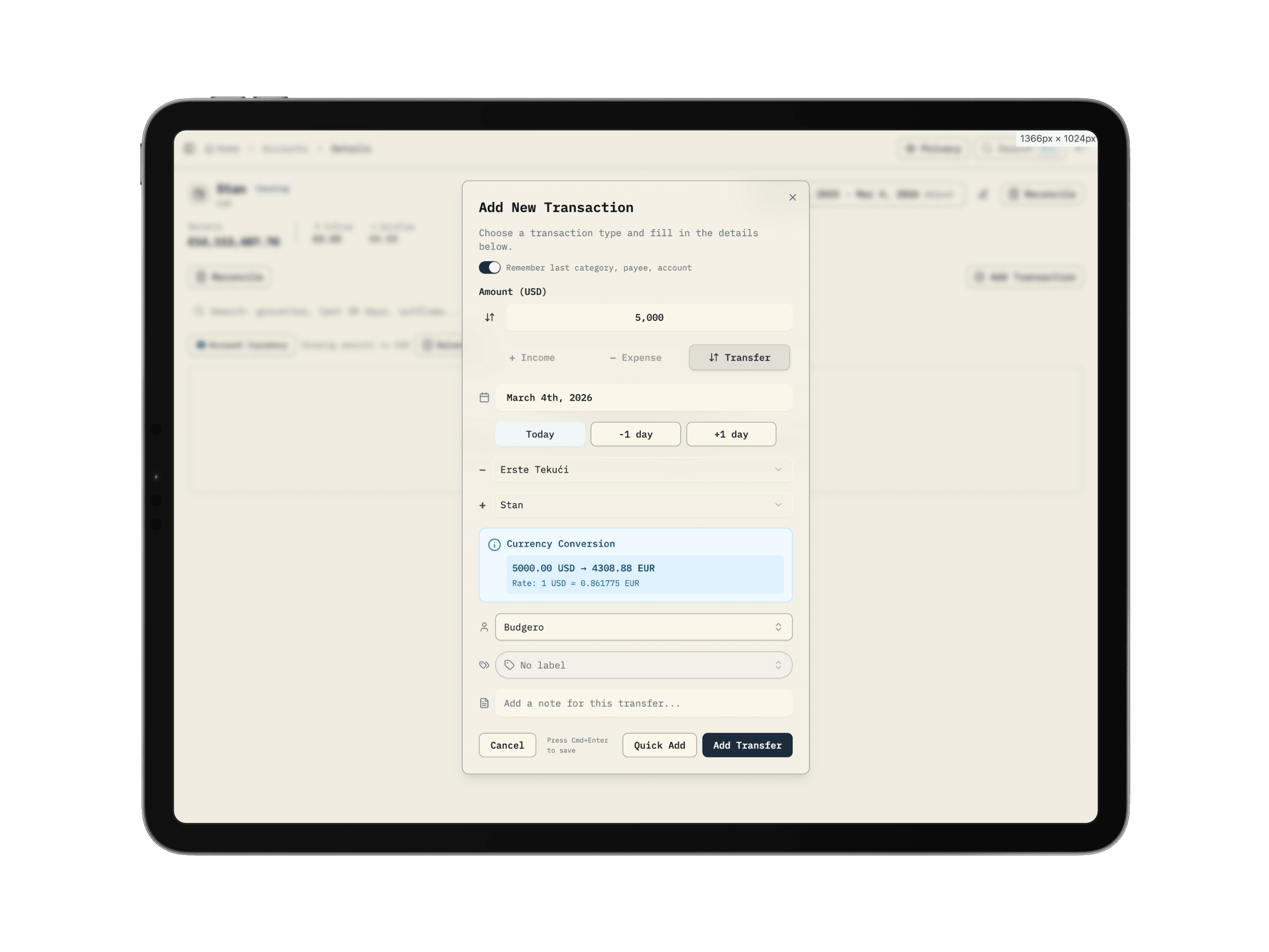 Budgero transfer dialog showing the original USD amount, converted EUR amount, and exchange rate