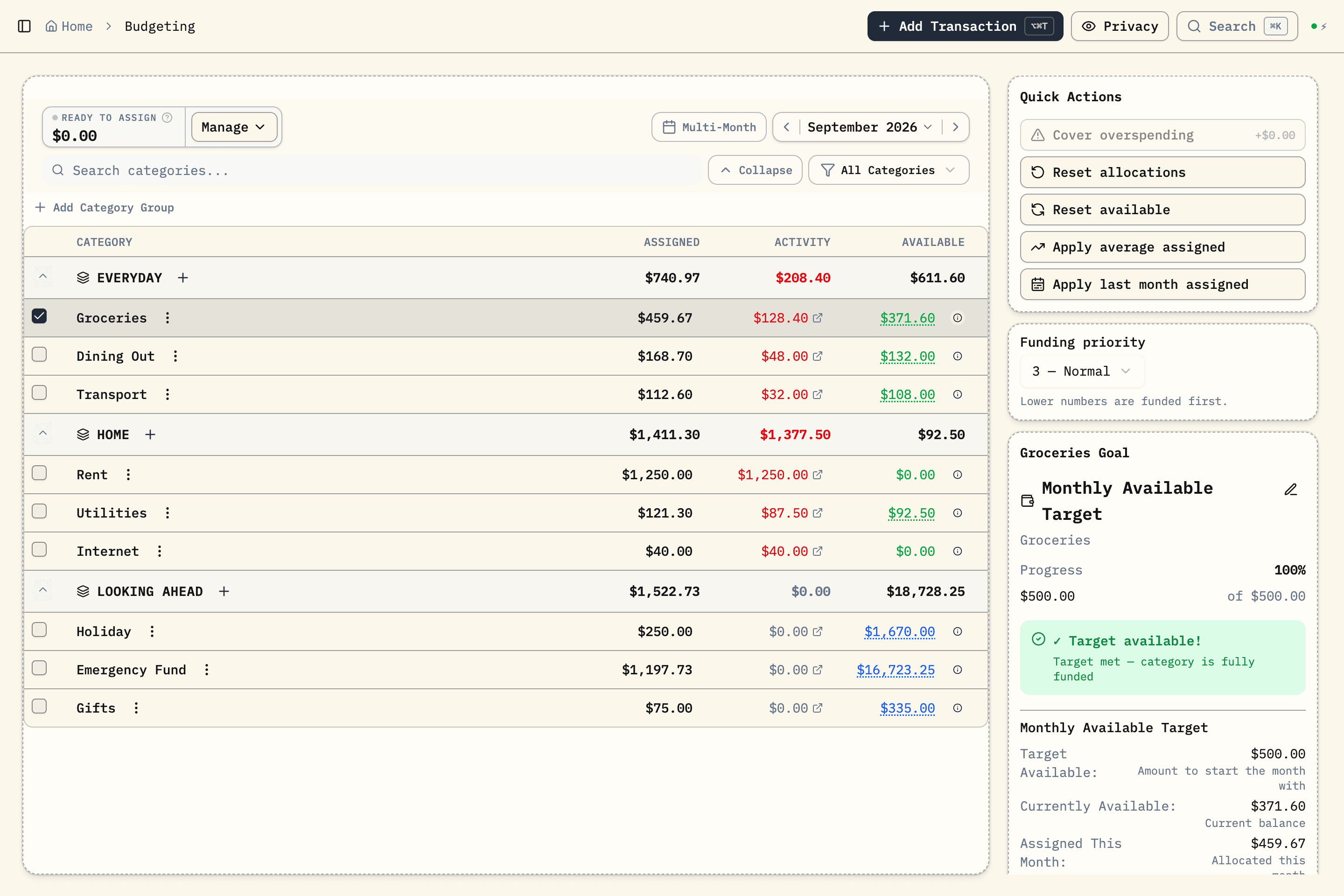 Budgero envelope budget with assigned amounts, spending, available balances, and a category detail panel