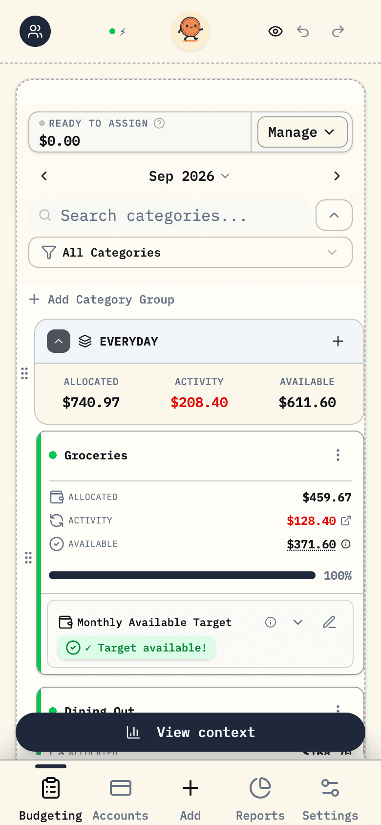 A demo household budget in Budgero, with everyday spending, home bills, and savings goals.
