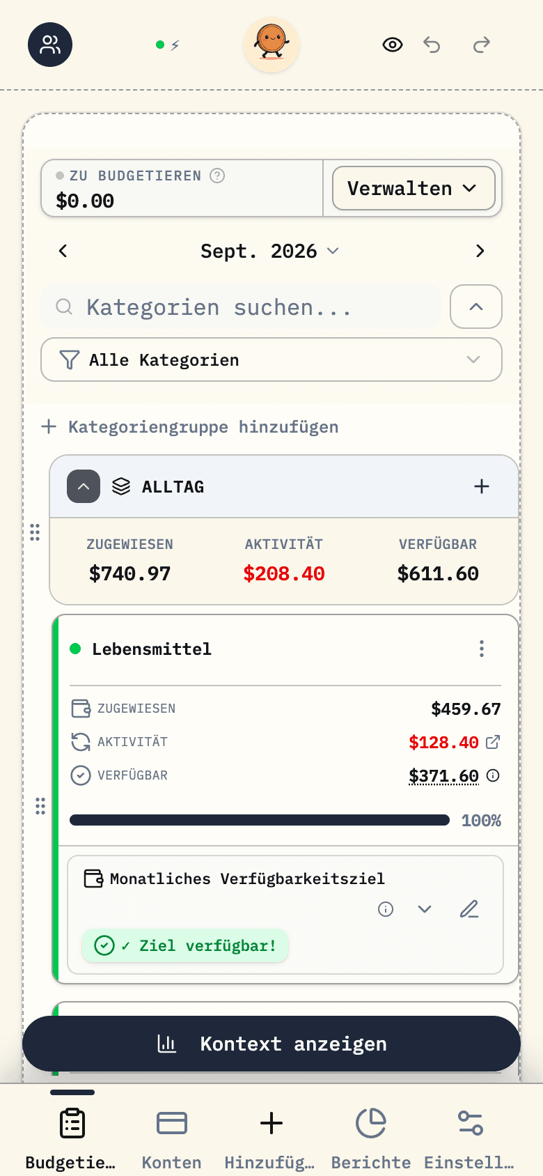 Ein Beispiel für ein Haushaltsbudget in Budgero mit Alltagsausgaben, Haushaltsrechnungen und Sparzielen.