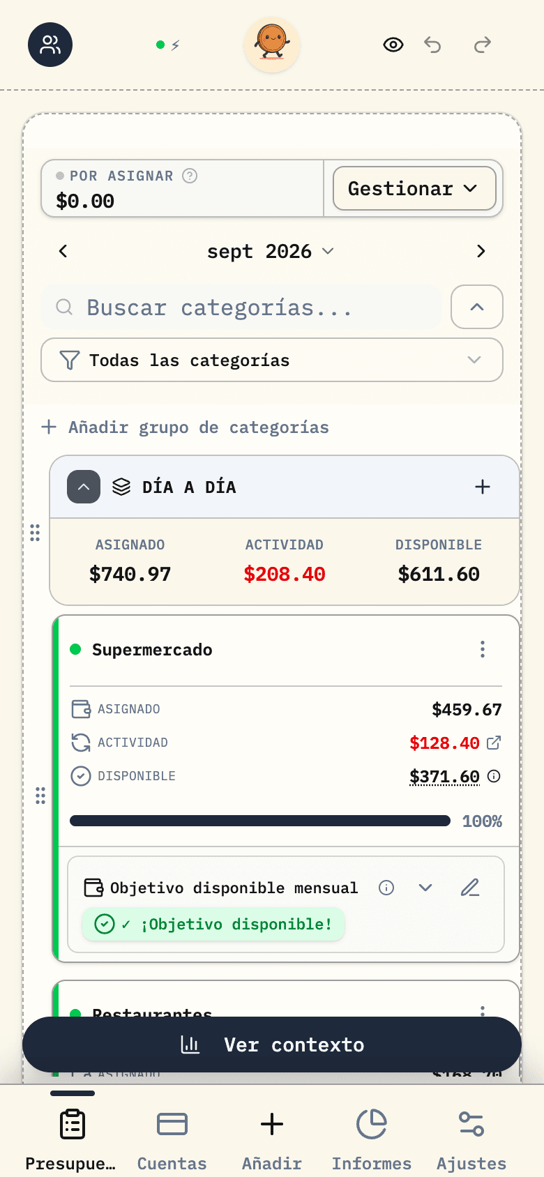 Un presupuesto familiar de ejemplo en Budgero, con gastos diarios, facturas del hogar y objetivos de ahorro.