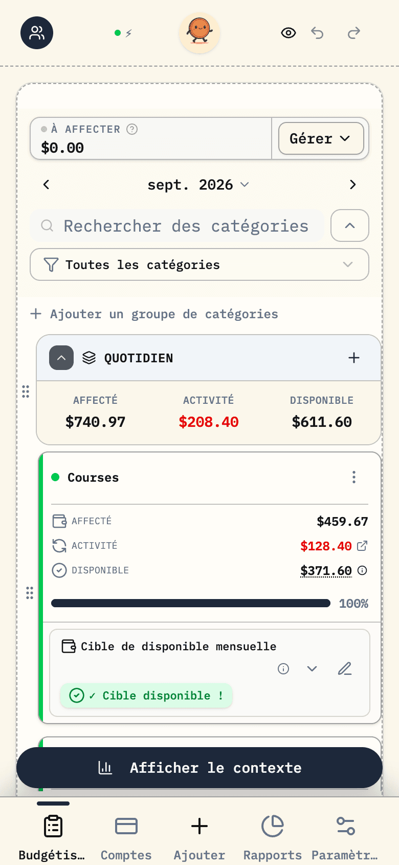 Un exemple de budget familial dans Budgero, avec les dépenses courantes, les factures du foyer et les objectifs d’épargne.