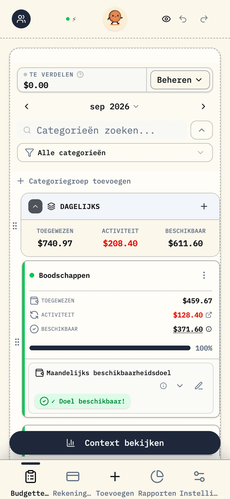 Een voorbeeld van een huishoudbudget in Budgero, met dagelijkse uitgaven, huishoudelijke rekeningen en spaardoelen.